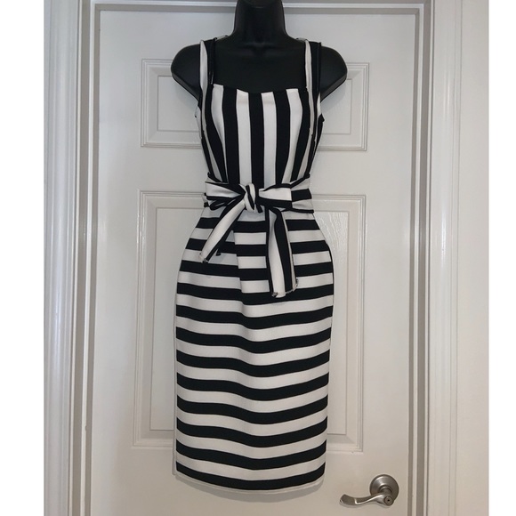 RAYA ‼️SALE‼️ B & W striped Bandage Midi dress—NWOT - Picture 1 of 10